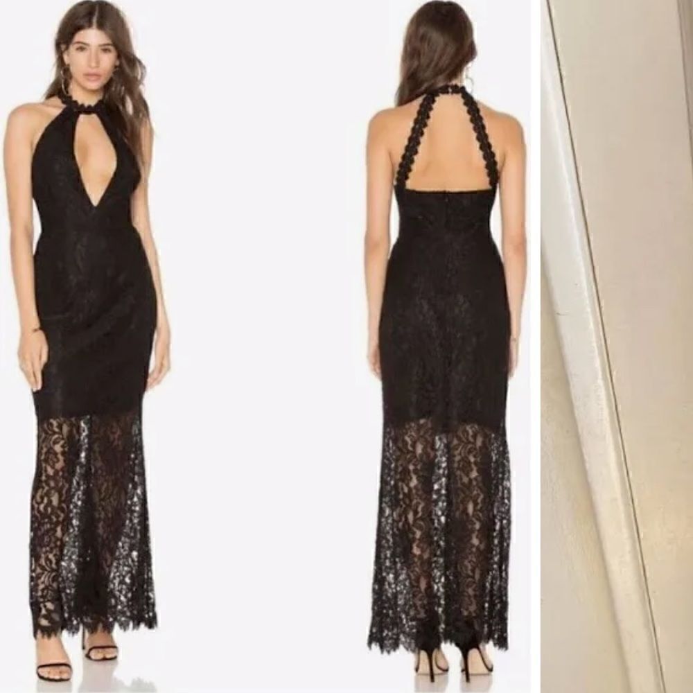 NWT BB Dakota RSVP Black Lace Halter Gown, Size 8